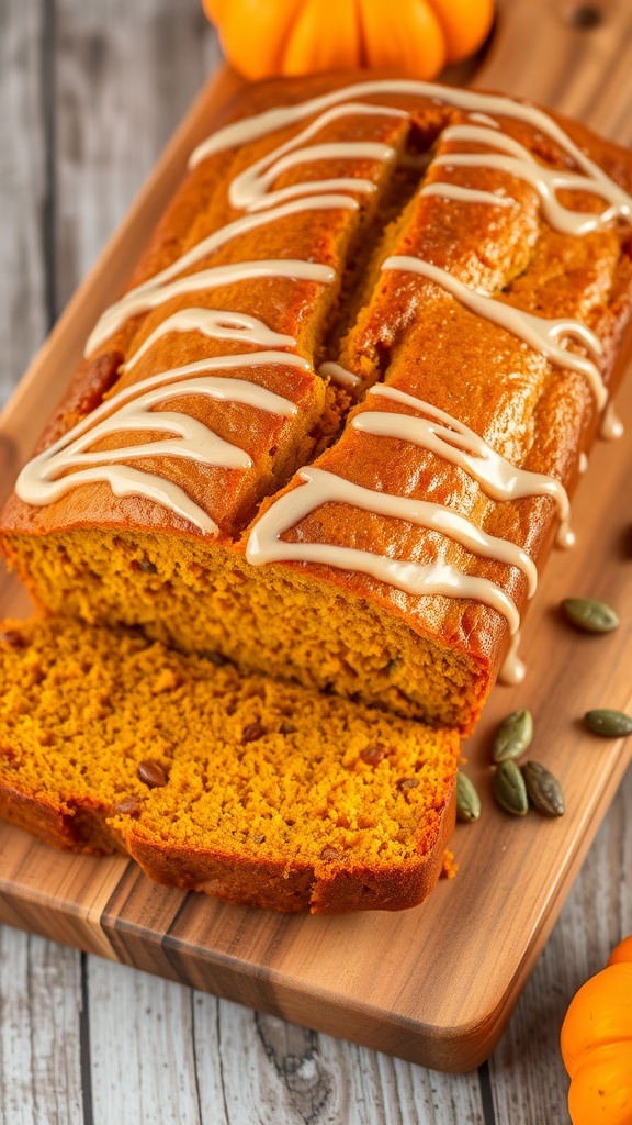 A loaf of pumpkin bread with glaze on a wooden board, garnished with pumpkin seeds and a small pumpkin.